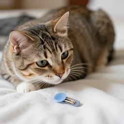 a cat staring at a hairclip in a fluffy bed, photorealistic, 1 4 k hd quality, highly detailed, vibrant, more coherent, super high quality, hyper realistic