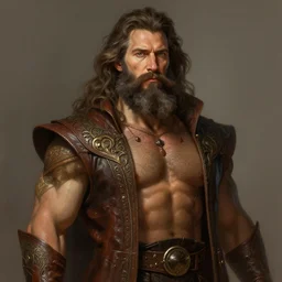 portrait of nick offerman, long beard, intricate, leather robes! elegant, muscular! highly detailed, digital painting, artstation, concept art, smooth, sharp focus, illustration, art by artgerm and greg rutkowski and alphonse mucha