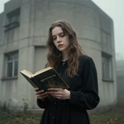 a portrait from the book'approximate joy'by christopher anderson, insanely detailed, she is beautiful, posing in front of a concrete building, photorealism, realistic, cinematic, nostalgic, foggy like in black metal aesthetic