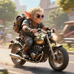 a goblin riding a steampunk motorcycle, sunlit daytime, volumetric light, hyperdetailed, artstation, cgsociety, 8k