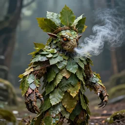 thick smoke, macro long depth of field shot of a realistic monster made of!!! leaves, headdress, wide aperture, dramatic light, dystopian environment, intricate, highly detailed, artstation, sharp focus, artgerm