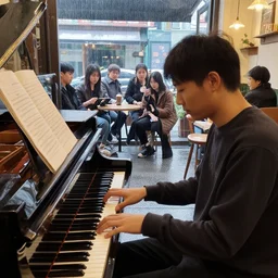 A pianist playing piano on a rainy day in a coffee shop. There is a decent amount of people watching and enjoying the music, Impressionism art