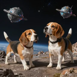 beagles playing in space, science fiction matte painting, highly detailed,