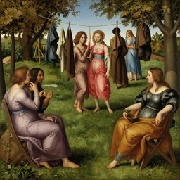 social encounters, depictions of the scene and free love hangs - often al fresco, detail renaissance oil painting