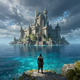 a beautiful photo realistic still image looking across a crystal clear sea at stormwind castle from the warcraft movie, by greg rutkowski, trending on artstation, masterpiece,