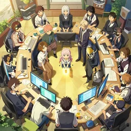 big game development team uncoordinated work in a chaos, top view rule of thirds golden ratio, fake detail, trending pixiv fanbox,, style of makoto shinkai studio ghibli genshin impact james gilleard greg rutkowski chiho aoshima