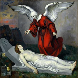 aesthetically pleasing image of the whitewinged angel of death wearing a crimson and black robe descending on the innocent in their graves paul cezanne norman rockwell oil painting