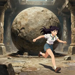 “Indians jones as an anime girl running away from a rolling giant stone boulder trap inside an ancient stone temple, anime art”