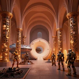 a minimalist baroque modern minimalist cathedral interior with clockwork pillars and arches, dramatic mood lighting, the matrix nebuchadnezzar biomechanical gieger, 3d rendered steampunk, iron smelting pits, high tech industrial and maschinen krieger, warm saturated colours, mri machine millennium falcon space-station with massive piping inspired by a nuclear reactor submarine, ilm, beeple, star citizen halo, mass effect, starship troopers, elysium