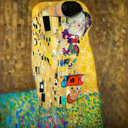 a painting of a female asa Butterfield mixed with pam beesly, she is playing nintendo switch, by gustav klimt