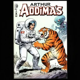 a comic book cover by Arthur Addams of an astronaut fighting an alien tiger