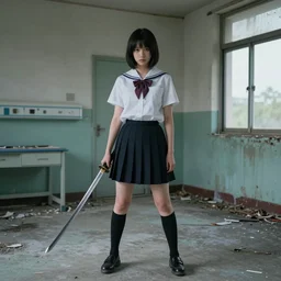 School girl holding a katana and standing on an abandoned hospital room, by Robert Venosa
