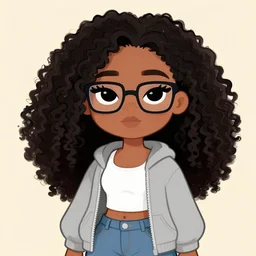 a very beautiful girl with dark complexion, long, curly, afro hair, stylistic oval black eyes, half - frame square glasses, grey hoodie opened, white tank top, jeans, kim kardashian proportions, character art, cute, digital art, cartoon network, cel shaded, character art