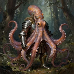 photo of a humanoid octopus hybrid were a heroic dress an armour in the forest, @ @ vladimir lenin face @ @, long hair, highly detailed, digital painting, artstation, smooth, sharp focus, illustration, art by artgerm and greg rutkowski and alphonse mucha