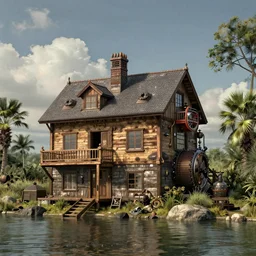house, river, steampunk, 8k, realistic, high definition, 10 bit colour, hdr