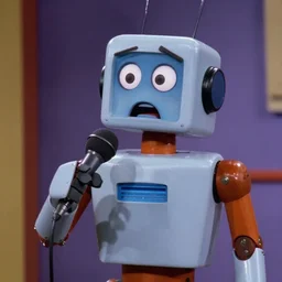 tv film still from the 9 0 s, an astonished funny robot holding a microphone, bewildered, 9 0 s tv show
