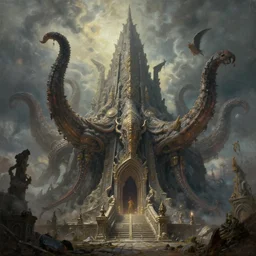 a beautiful painting of the old cthulhu temple in r'lyeh by anton fadeev, matte painting, dynamic lighting, raytracing, ultrarealistic, cinematic, octane render, unreal engine, trending on artstation, call of cthulhu, 8 k