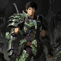 anime of young man with facial hair, brown eyes, full body, reptile armor by shinichiro watanabe, hyper realistic, dark fantasy detailed, high definition insanely detailed, bitter wide angle lens glow in the dark