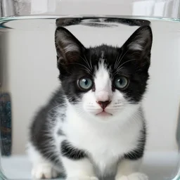black and white kitten looking through distorted glass of water, funny distorted face, 4k, high definition