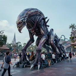 distant photo of a lovecraftian deep one waiting in line at disneyland, high resolution photo