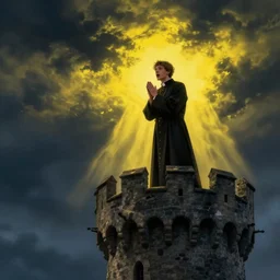 A terrified catholic priest in his twenties at the top of a medieval tower watches as an ominous yellow shadow descends upon him from the night sky. He is een from above fervently praying. Dramatic lighting. Award-winning digital art, trending on ArtStation