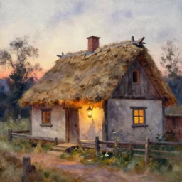 paint brush strokes, abstract watercolor painting of rustic village house at dawn, lantern, medieval straw roof, scandinavian viking age, ambient lighting, art by hans dahl, by jesper ejsing, art by anders zorn, wonderful masterpiece by greg rutkowski, cinematic light, american romanticism by greg manchess, impressionism by tyler edlin