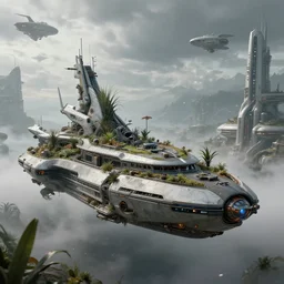 a realistic detailed photo of a futuristic boat, alien plants, grey sky, futuristic buildings, flying ships in the background, foggy landscape, light particles, detailed light, realistic shaders, trending on artisation, detailed textures, detailed, realistic.