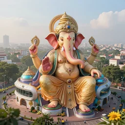 beautiful futuristic 3 d new delhi, sharp sci - fi ganesha!! building, kalighat flowers, octane highly detailed cinematic, stephen shore & john j. park, soft morning light, wide shot, high angle, uhd 8 k, shallow depth of field