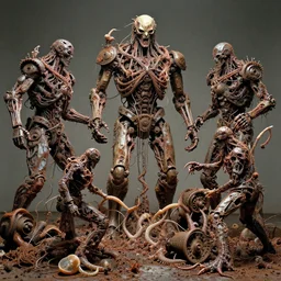 movie still of flayed god machines, each cluster battle chaos mollusks, intricately macerated by age, sentient, dethroned goliath machine, blood turbines, hydrocracking battles, rusted, macerated, eviscerated by fimbria wires, bicornate fungal pit, trash patina sheen rotting, by alberto bontempi, alex ross, shi