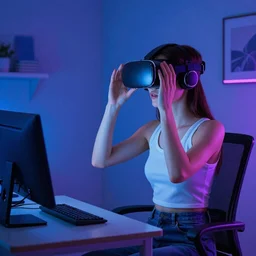 dream art of a woman playing with a vr headset in a blue and purple lit room art by syd mead