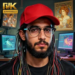 hyperrealist portrait of a ducktail bearded young middle eastern american male with wayfarer glasses and red baseball cap, it is decorated with long computer wires and computer monitors in the background. by jeremy mann and alphonse mucha, fantasy art, photo realistic, dynamic lighting, artstation, poster, volumetric lighting, very detailed faces, 4 k, award winning