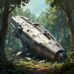 a giant spaceship wrecked and lost in the forest, detailed digital art by greg rutkowski.