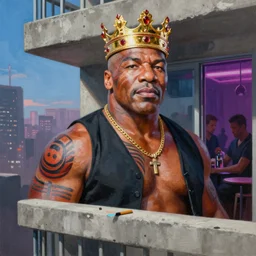 palette knife oil painting portrait of mike tyson, a king - with gold crown with rubies, man in mafia wear and australian aboriginal body paint, concrete balcony, nightclub, artstation trending, artgerm, any racial background, deviant art, hipster, octane, substance, art history 8 k