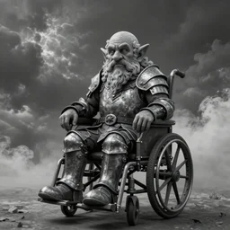 By Tom Bagshaw, ultra realist 3d soft paint of Yves the small dwarf male sitting in a gothic wheel chair, fully armored, symmetry accurate features, very intricate details, ominous sky, black and white, volumetric light clouds, realistic background