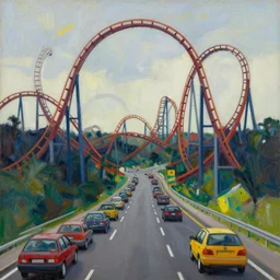 watching traffic on a road that does loop - de - loops like a rollercoaster, a jeffrey smart painting, danger and peril