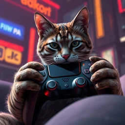 a cat playing on ps 5 controller, cyberpunk, intricate details, hyper realistic
