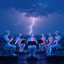 blue marble statues of an entire orchestra with pink light and lightning on the horizon, by andreas achenbach and carl gustav carus and thomas cole and delphin enjolras, and dali, blue mood, blue light