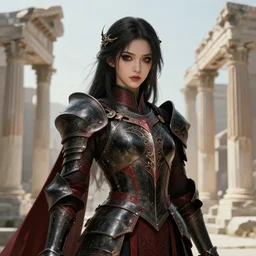 knights of zodiac girl + smoky eyes, black and reddish armor, knight cinematic shot, in ruined agora of athens, ssci - fi and fantasy, intricate and very very beautiful and elegant, highly detailed, digital painting, artstation, concept art, smooth and sharp focus, illustration, art by tian zi and wlop and alphonse mucha
