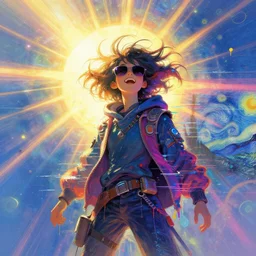 an angelic hacker with blowing hair in vast cyberspace glitching through the sunshine, sunburst background, wearing sunglasses, futuristic clothes, vibrant colors, glitchy, rule of thirds, spotlight, drips of paint, expressive, passionate, by greg rutkowski, by jeremy mann, by francoise nielly, by van gogh, digital painting