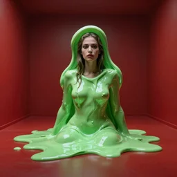 hyperrealistic woman with melting body inside a red room roberto bernardi dramatic green lighting on one side wide angle 35mm shallow depth of field 8k