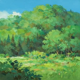 gouache technique, forest lanscape panorama by pixar by makoto shinkai