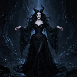 style of john martin : : gorgeous willa holland : : evil witch, swirling black magic, black dress : : symmetrical face, symmetrical eyes : : full body pose : : gorgeous black hair : : magic lighting, low spacial lighting : :