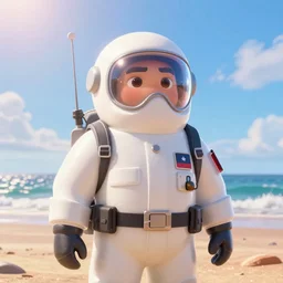 a hazmat character, on the beach, sunny day, pixar render
