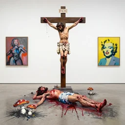 bloody christ crucified and some mushrooms on the floor painted in by cy twombly and andy warhol