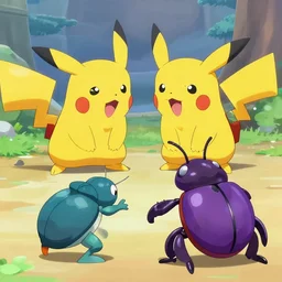 pokemon fights against a purple beetle
