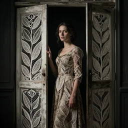 a woman standing in a doorway, made of intricate decorative lace leaf skeleton, in the style of the dutch masters and gregory crewdson, dark and moody