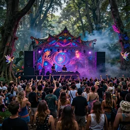psychedelic trance party in a magical forest, dj on stage, loud music from huge speakers, so many people dancing, fairies, music, neon lights, smoke, wide angle shot, realistic, surrelaistic, mucha, lisa frank