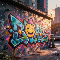 graffiti on a wall in a cyberpunk city, happy mood, futuristic, high detail, sunset, realistic