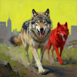 this painting depicts a feral, screaming, wolf as it runs at great speed toward the viewer. behind it, across a cityscape, there is another smaller wolf in red, with its tongue hanging out. the sky behind the pair is a brilliant yellow - green.