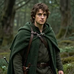 a handsome young rugged hobbit ranger and a dark green hood and cloak in the forest, adventure gear, realistic, detailed, masterpiece, short brown hair, clean shaven, by John Howe and Alan Lee, trending on ArtStation